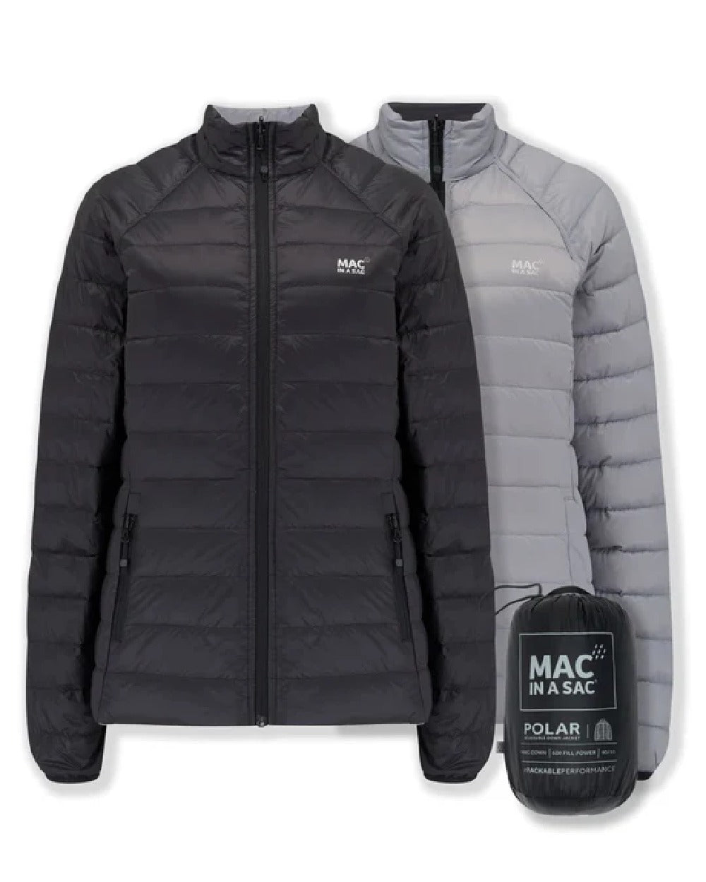 Black Grey coloured Mac In A Sac Packable Womens Down Jacket on white background 