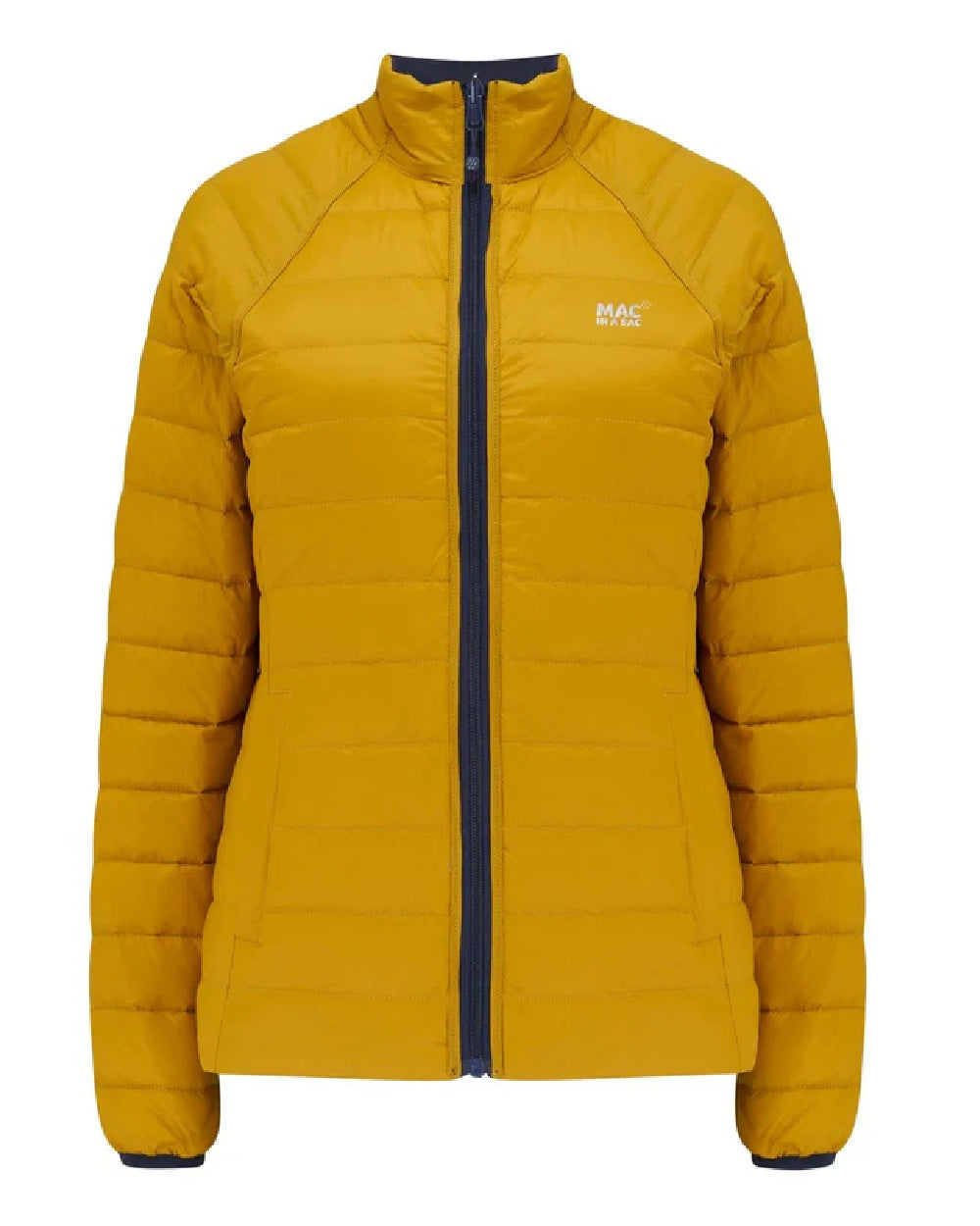 Navy Mustard coloured Mac In A Sac Packable Womens Down Jacket on white background 