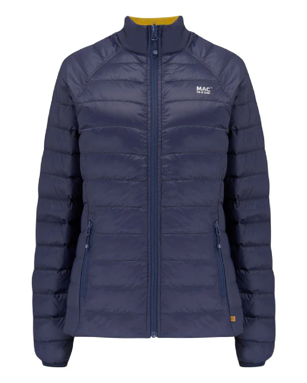 Navy Mustard coloured Mac In A Sac Packable Womens Down Jacket on white background 