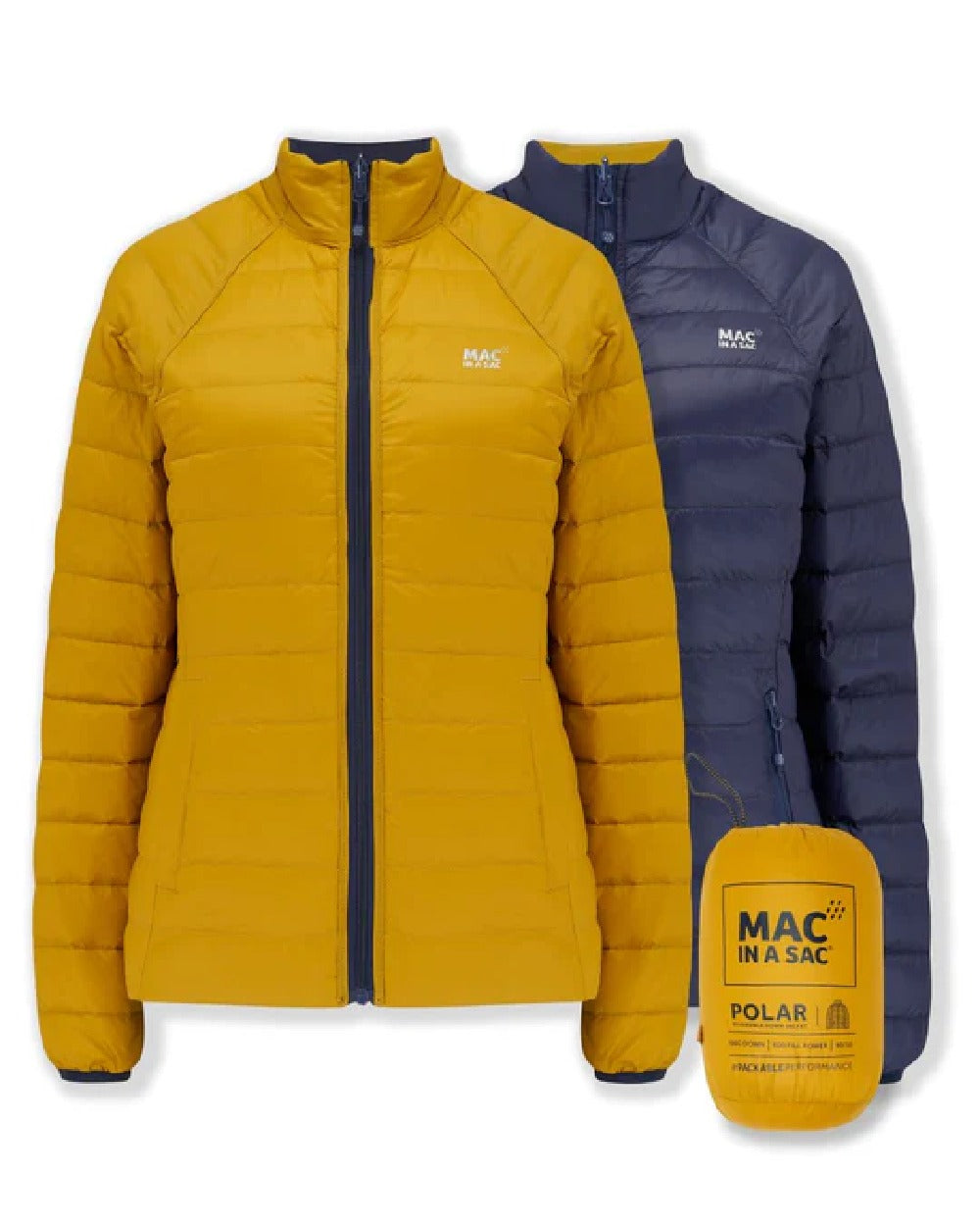 Navy Mustard coloured Mac In A Sac Packable Womens Down Jacket on white background 