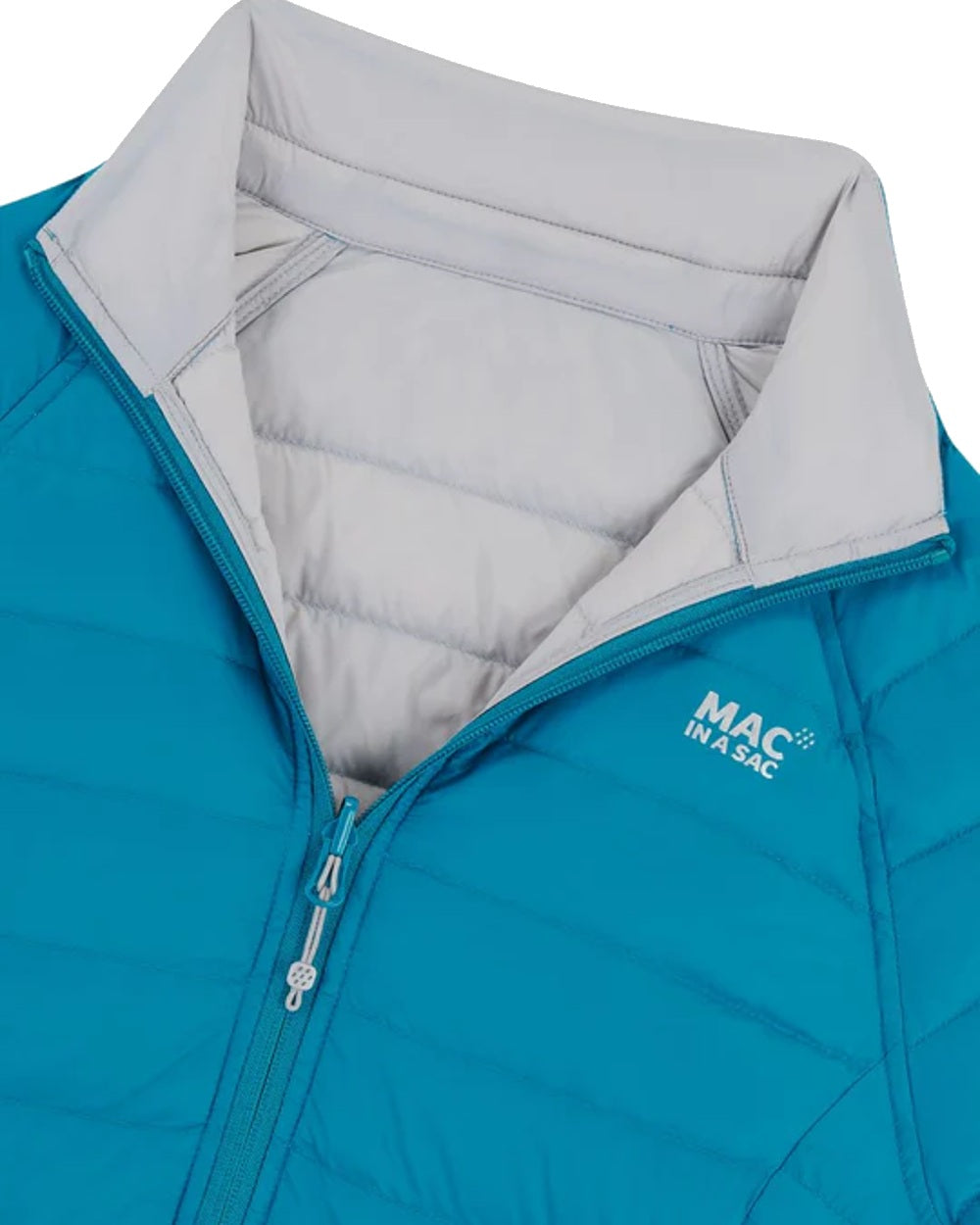 Petrol Soft Grey coloured Mac In A Sac Packable Womens Down Jacket on white background 