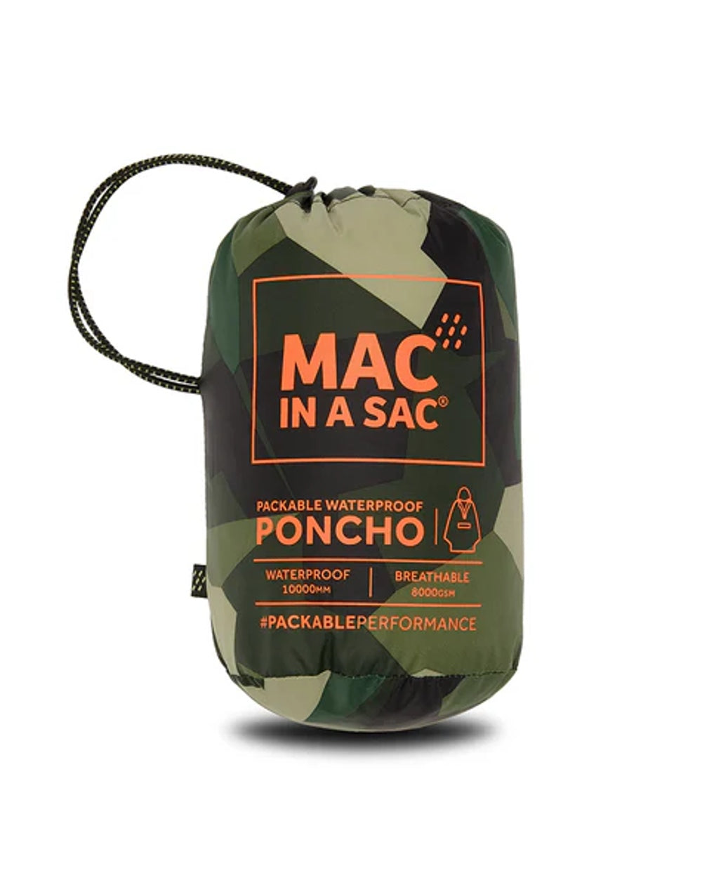 Green Camo coloured Mac In A Sac Waterproof Poncho on a white background 