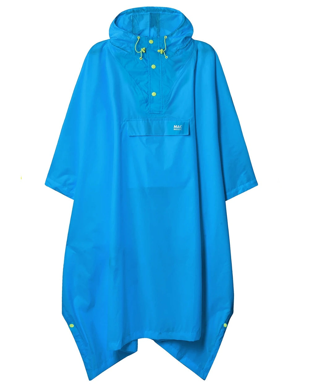 Neon Blue coloured Mac In A Sac Waterproof Poncho on a white background 