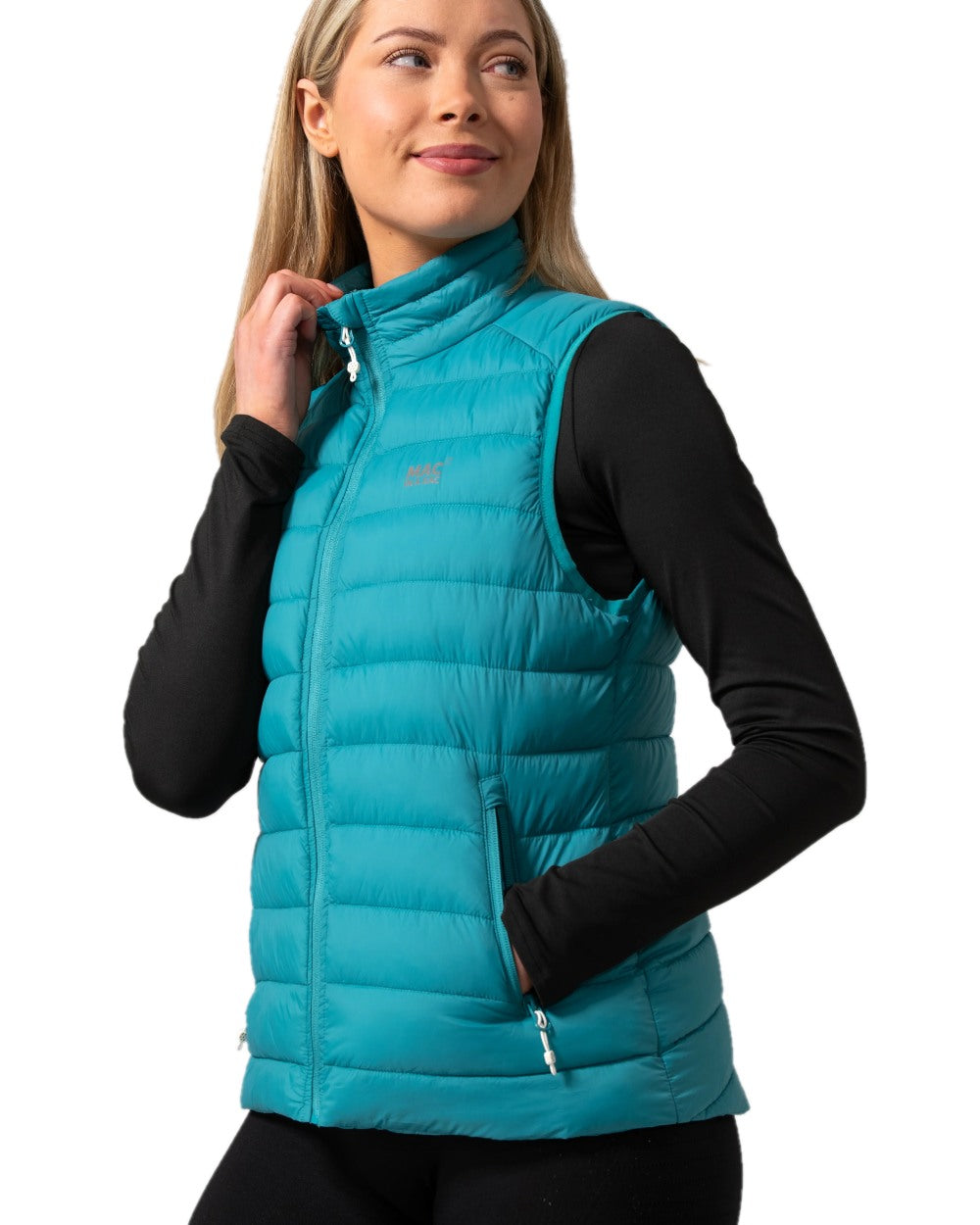 Soft Teal Coloured Mac In A Sac Womens Synergy Gilet on white background 