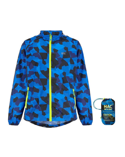 Blue Camo coloured Mac In A Sac Packable Origin Camo Waterproof Jacket on white background 