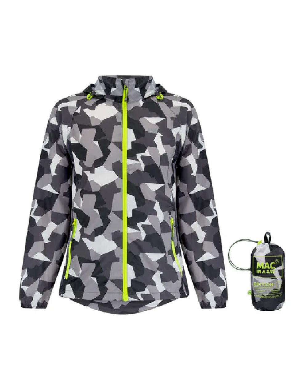 White Camo coloured Mac In A Sac Packable Origin Camo Waterproof Jacket on white background 