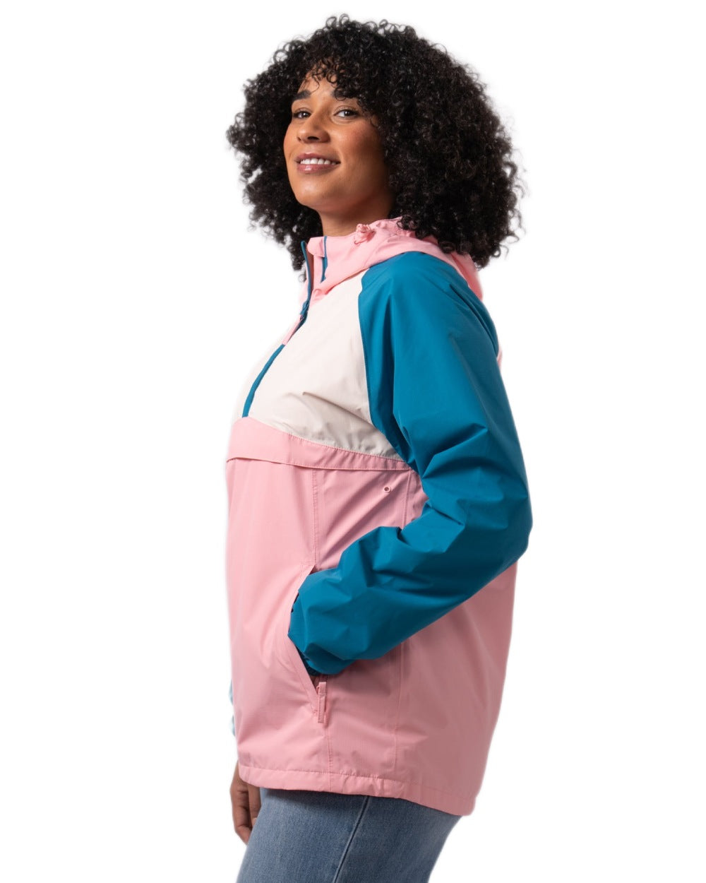 Teal Pink coloured Mac In A Sac Womens Nomad Waterproof Half Zip Jacket on white background 