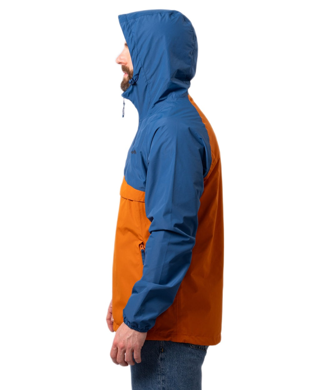 Blue Burnt Orange coloured Mac In A Sac Nomad Waterproof Half Zip Jacket on white background 