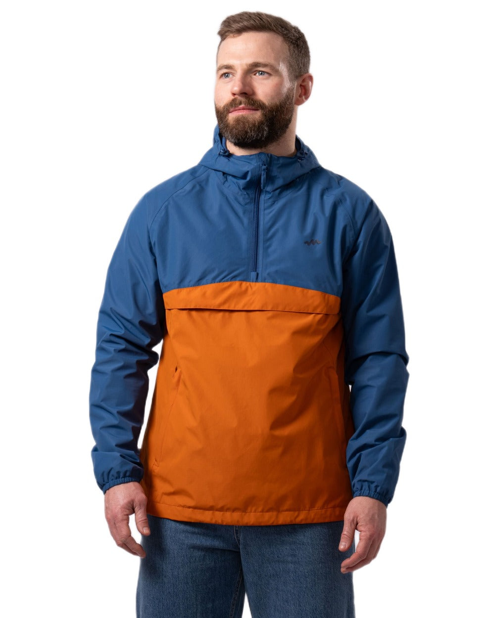 Blue Burnt Orange coloured Mac In A Sac Nomad Waterproof Half Zip Jacket on white background 