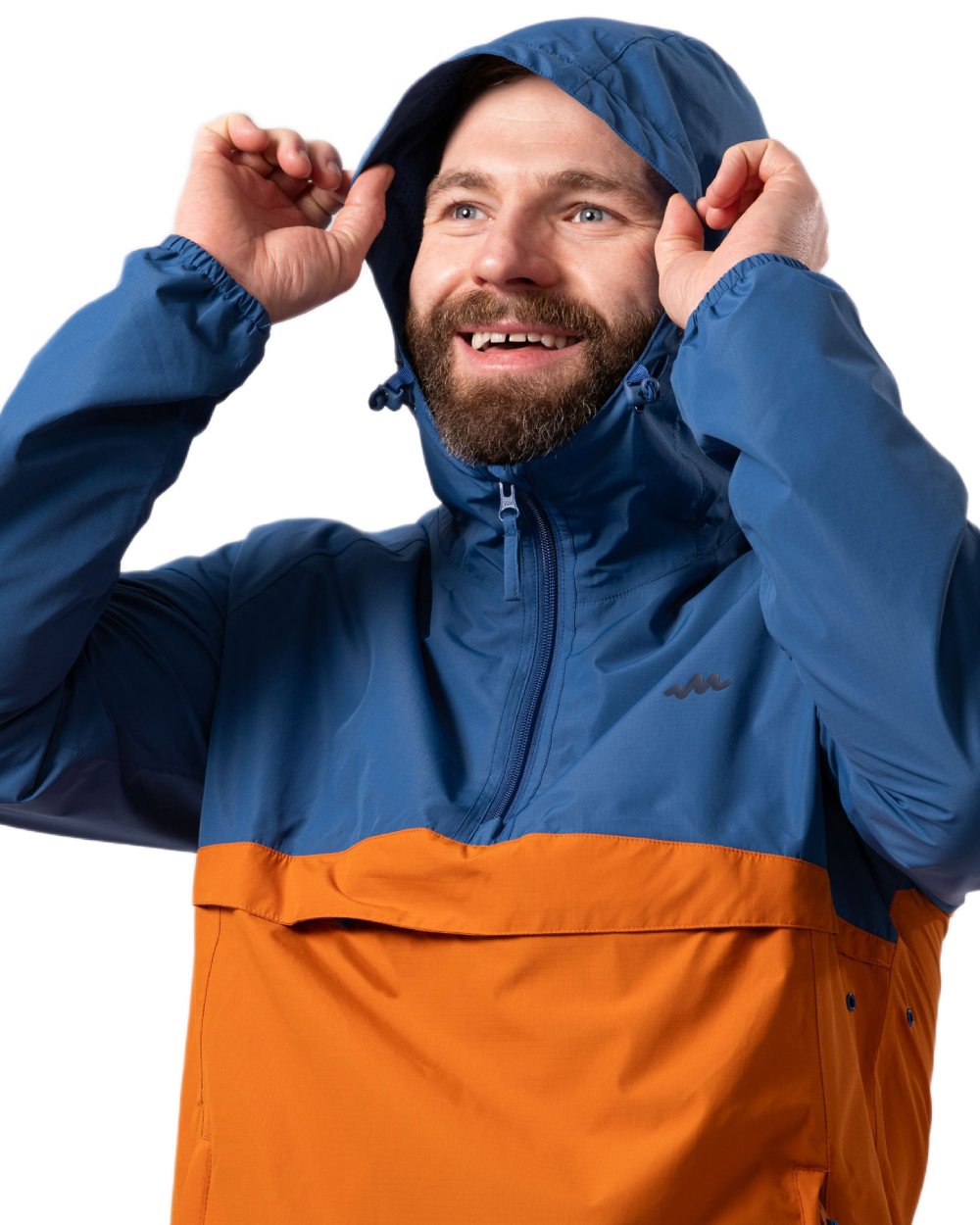 Blue Burnt Orange coloured Mac In A Sac Nomad Waterproof Half Zip Jacket on white background 