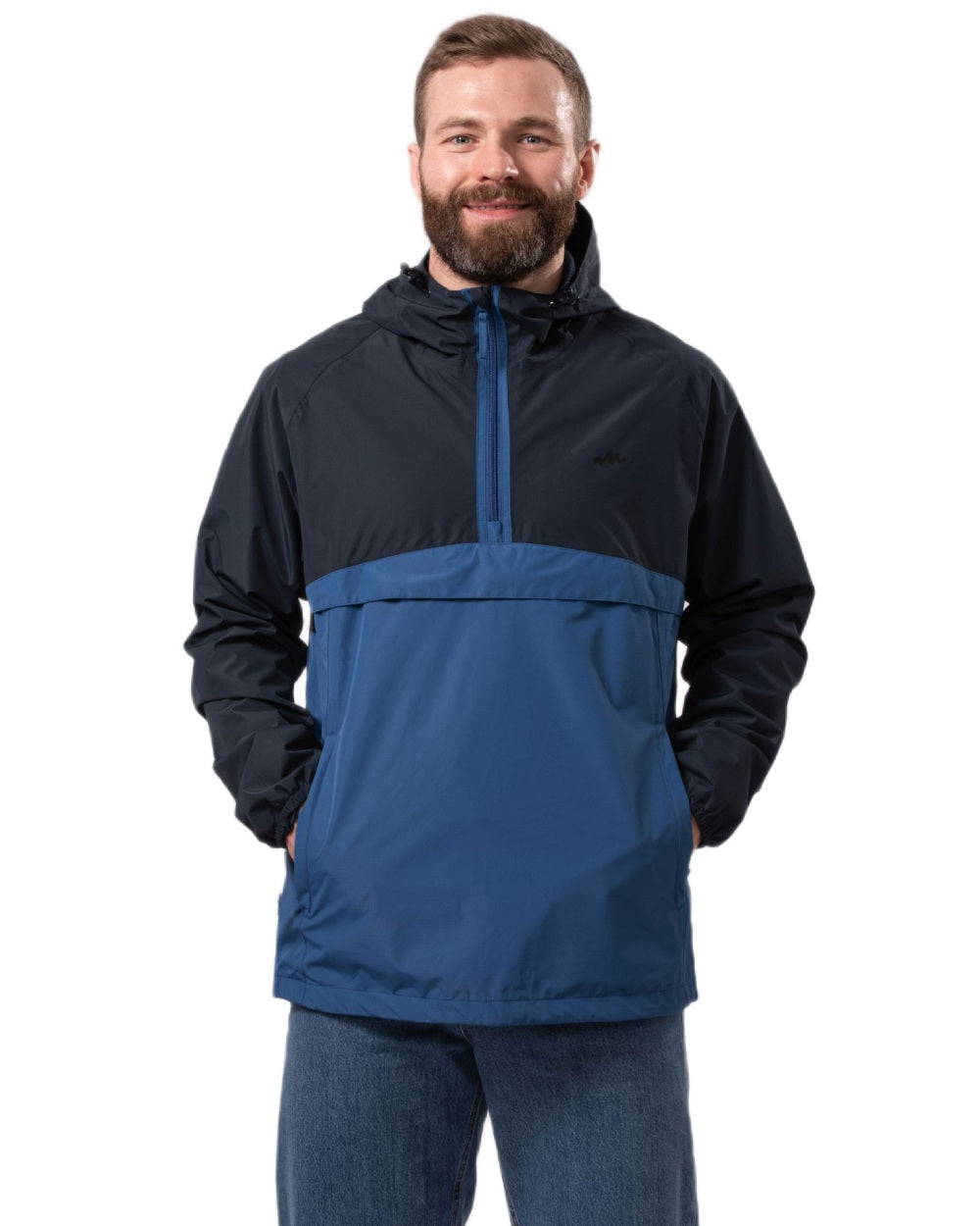 Navy Blue coloured Mac In A Sac Nomad Waterproof Half Zip Jacket on white background 