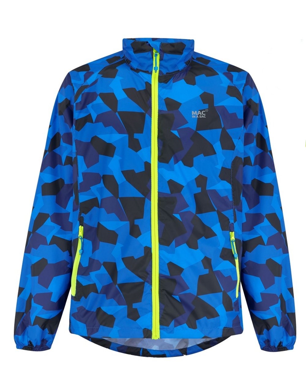 Blue Camo coloured Mac In A Sac Packable Origin Camo Waterproof Jacket on white background 