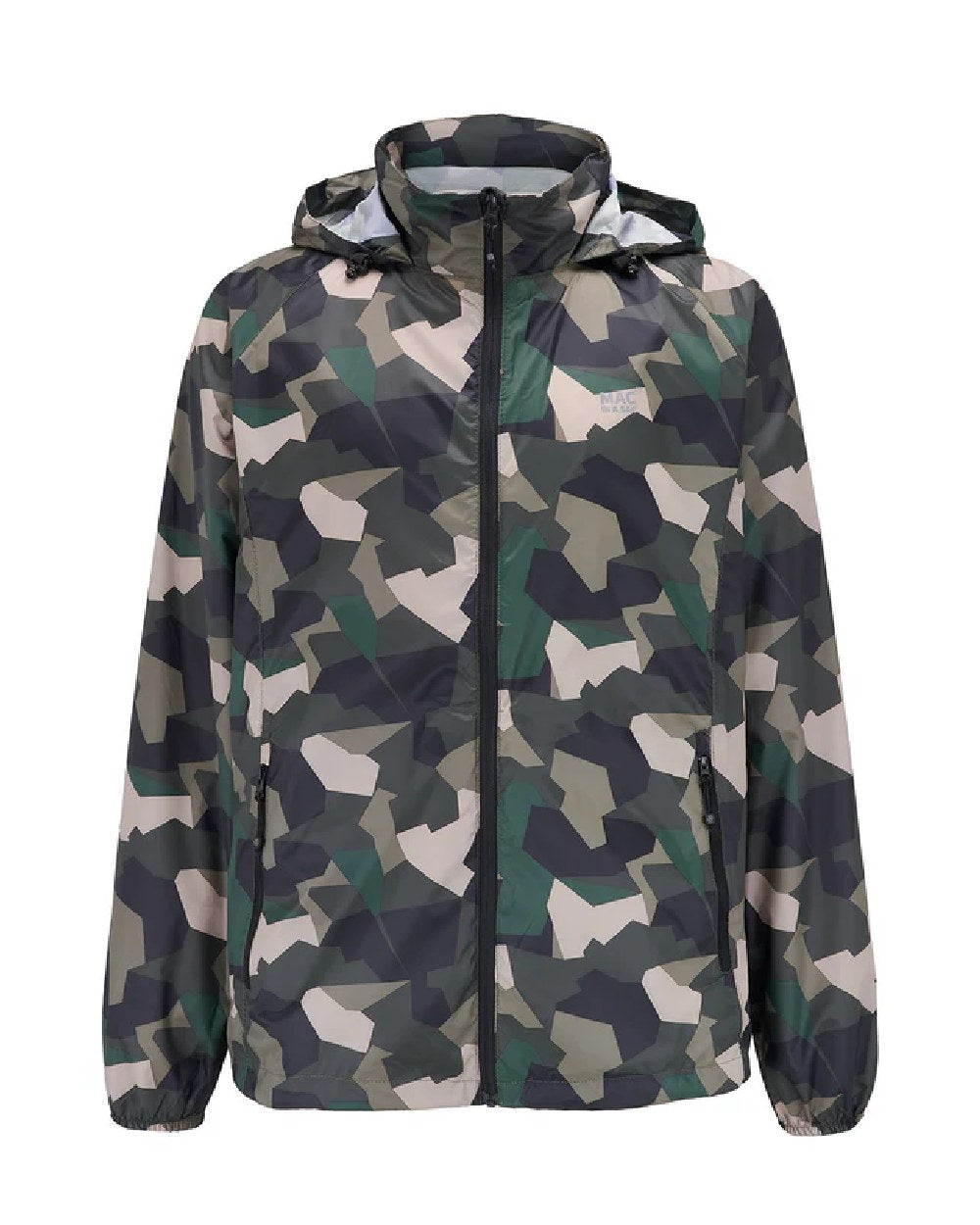 Green Camo coloured Mac In A Sac Packable Origin Camo Waterproof Jacket on white background 