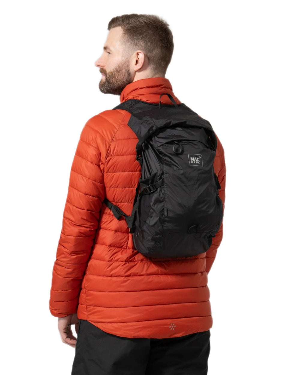 Jet Black coloured Mac In A Sac Travelite Packable Waterproof Backpack on white background 