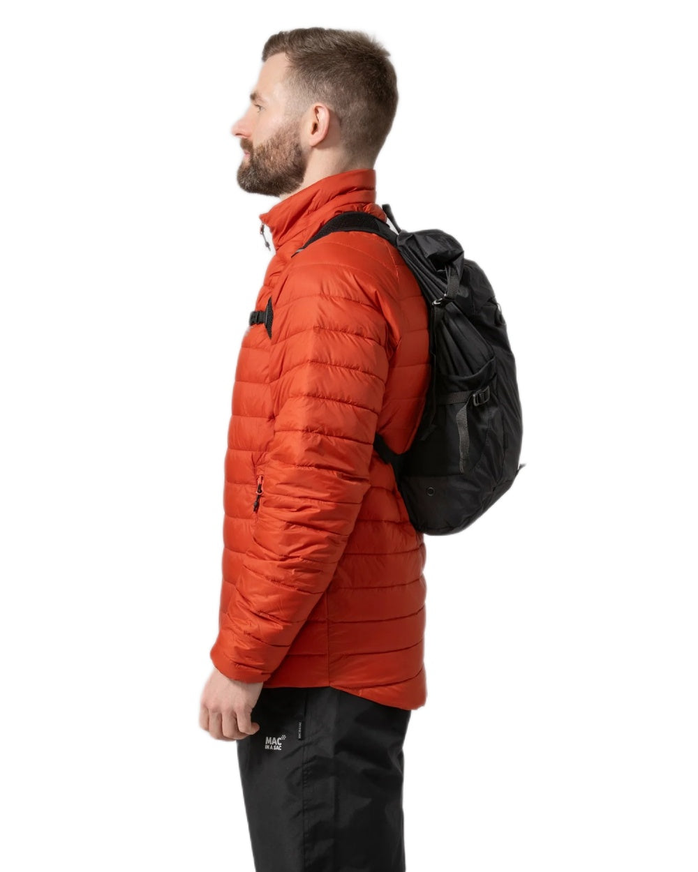 Jet Black coloured Mac In A Sac Travelite Packable Waterproof Backpack on white background 