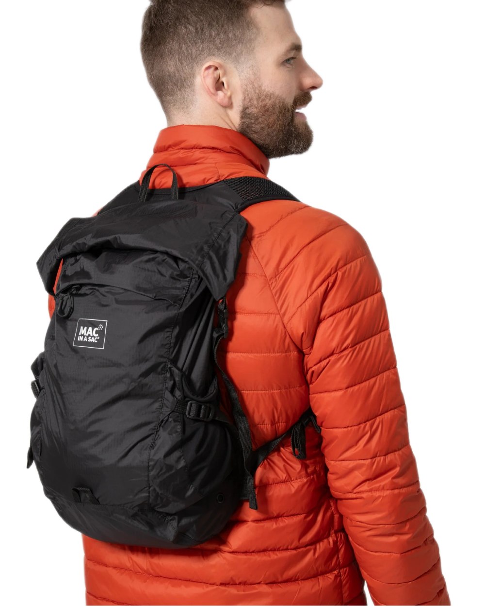 Jet Black coloured Mac In A Sac Travelite Packable Waterproof Backpack on white background 