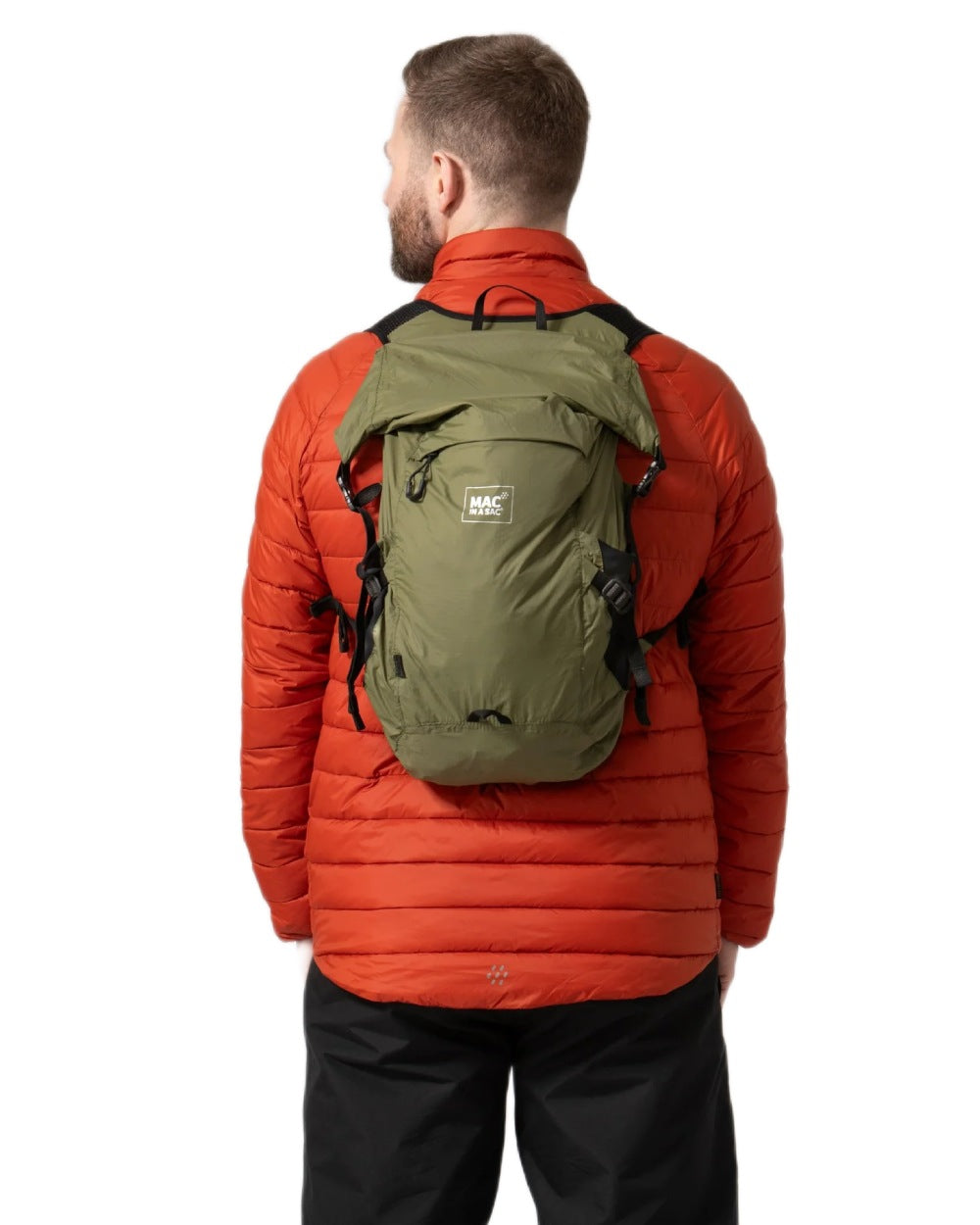 Khaki coloured Mac In A Sac Travelite Packable Waterproof Backpack on white background 