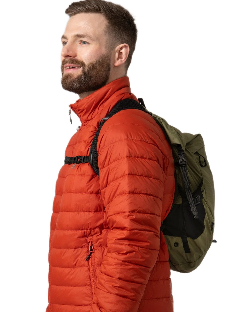 Khaki coloured Mac In A Sac Travelite Packable Waterproof Backpack on white background 
