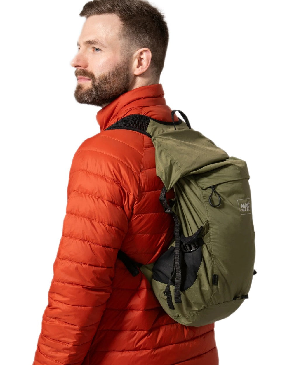 Khaki coloured Mac In A Sac Travelite Packable Waterproof Backpack on white background 