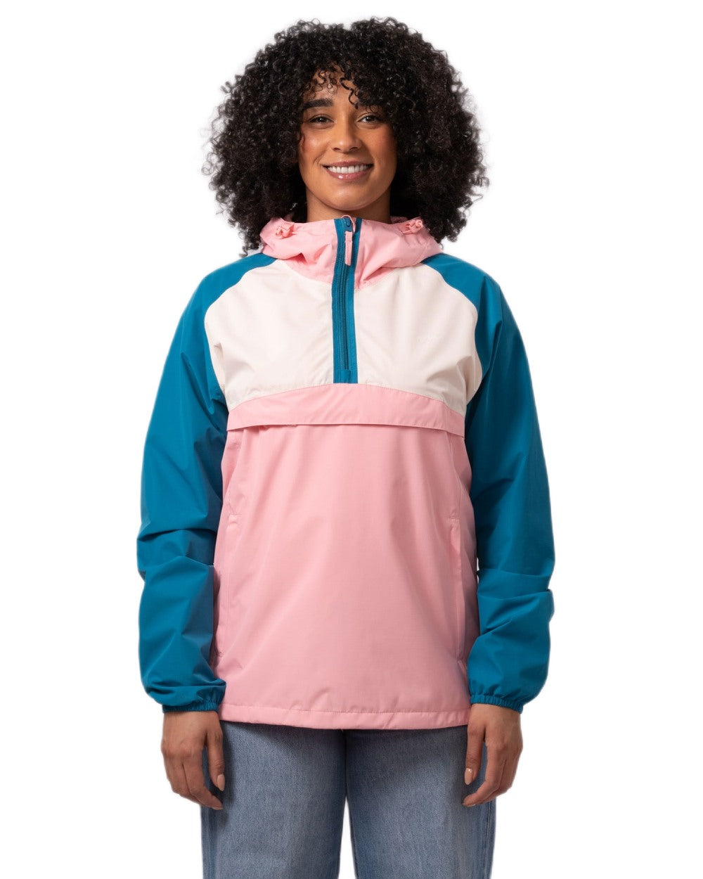 Teal Pink coloured Mac In A Sac Womens Nomad Waterproof Half Zip Jacket on white background 