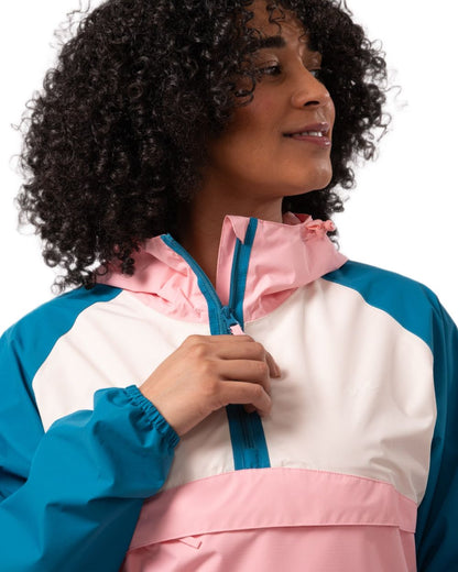 Teal Pink coloured Mac In A Sac Womens Nomad Waterproof Half Zip Jacket on white background 