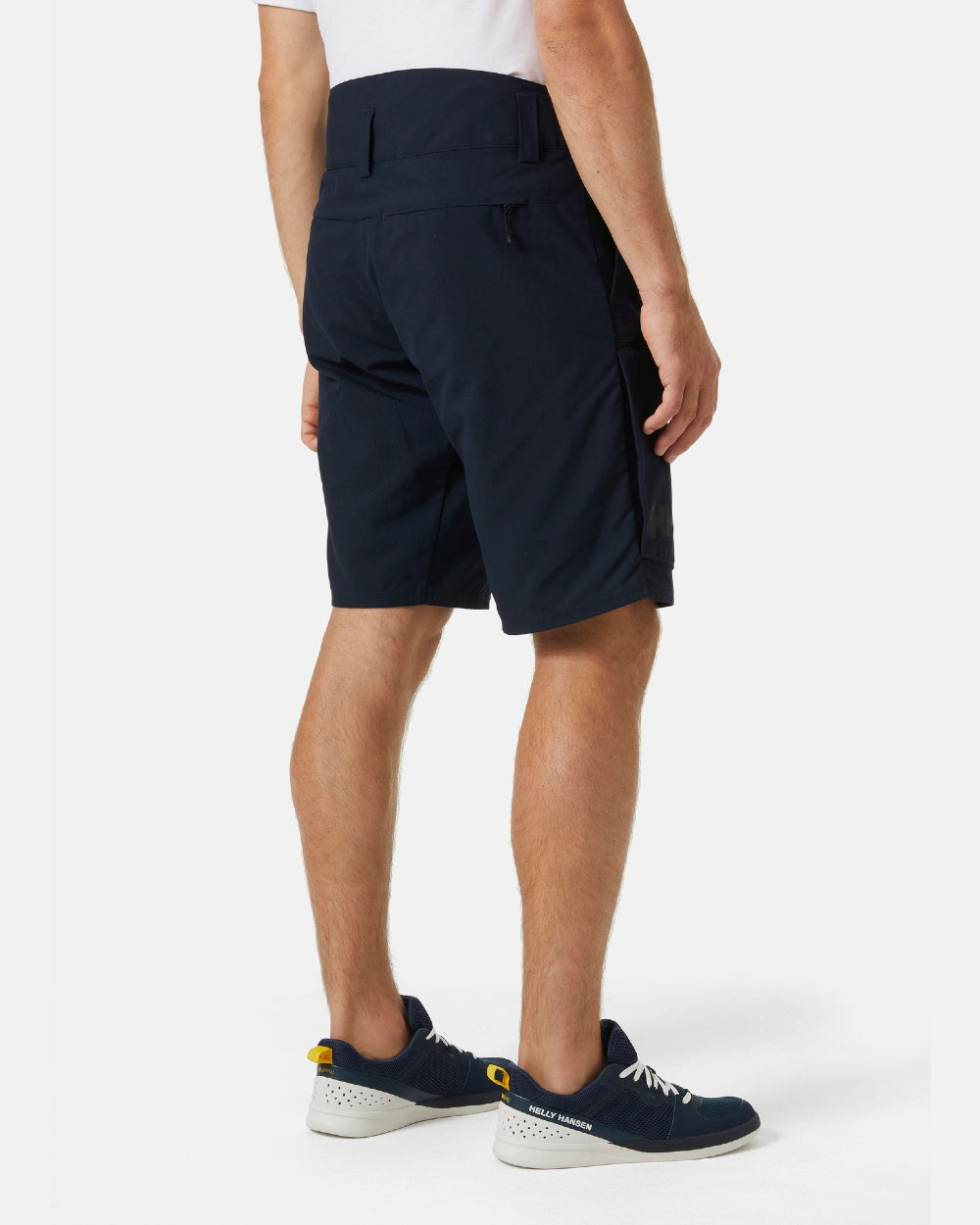 Navy coloured Helly Hansen Mens Crewline Cargo Shorts 2.0 on grey background 