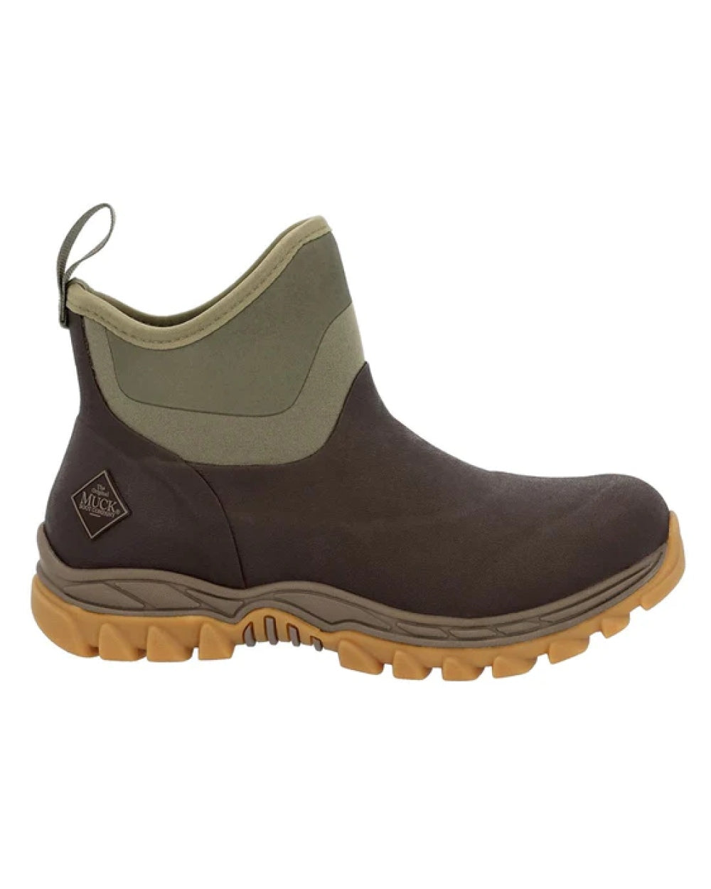 Dark Brown Olive Coloured Muck Boots Womens Arctic Sport II Ankle Boots on white background 
