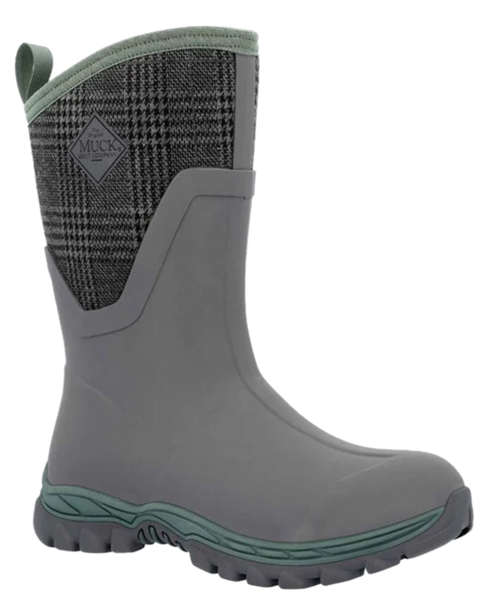 Grey Plaid Print Coloured Muck Boots Womens Arctic Sport II Mid Wellingtons on white background 