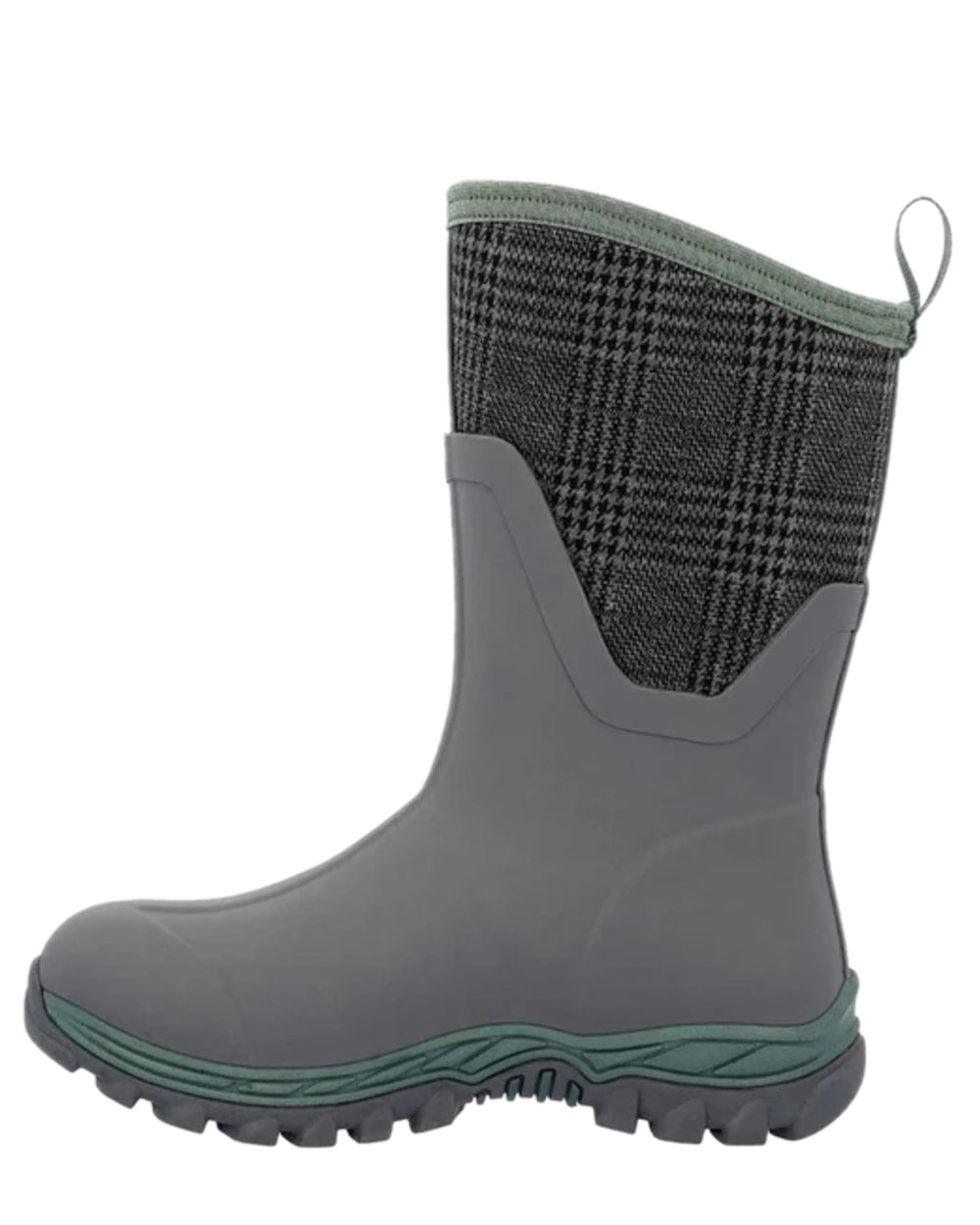 Grey Plaid Print Coloured Muck Boots Womens Arctic Sport II Mid Wellingtons on white background 