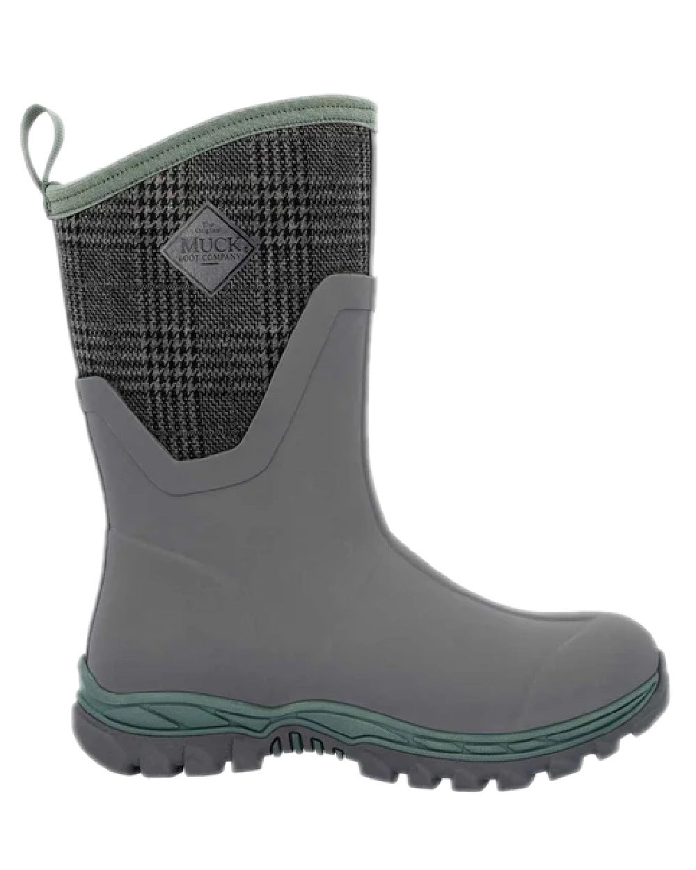 Grey Plaid Print Coloured Muck Boots Womens Arctic Sport II Mid Wellingtons on white background 
