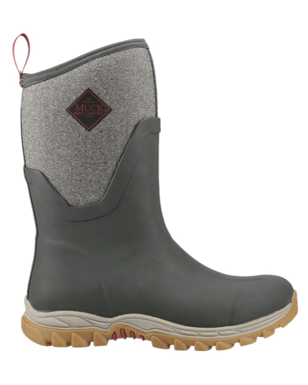 Olive Herringbone Print Coloured Muck Boots Womens Arctic Sport II Mid Wellingtons on white background 
