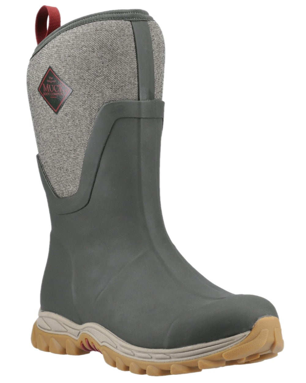 Olive Herringbone Print Coloured Muck Boots Womens Arctic Sport II Mid Wellingtons on white background 