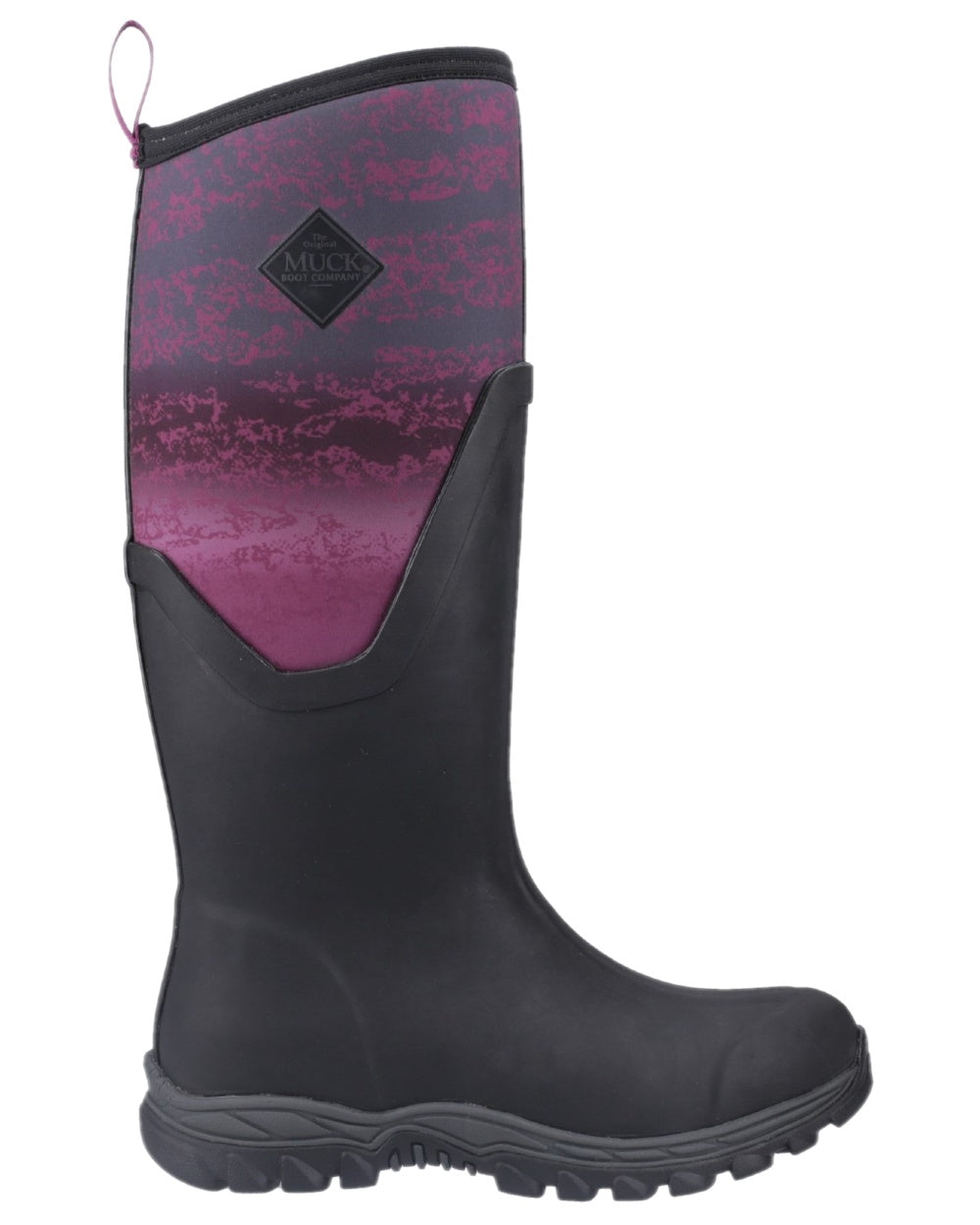 Magenta Digi Fade Print Coloured Muck Boots Womens Arctic Sport II Tall Wellingtons on white background 