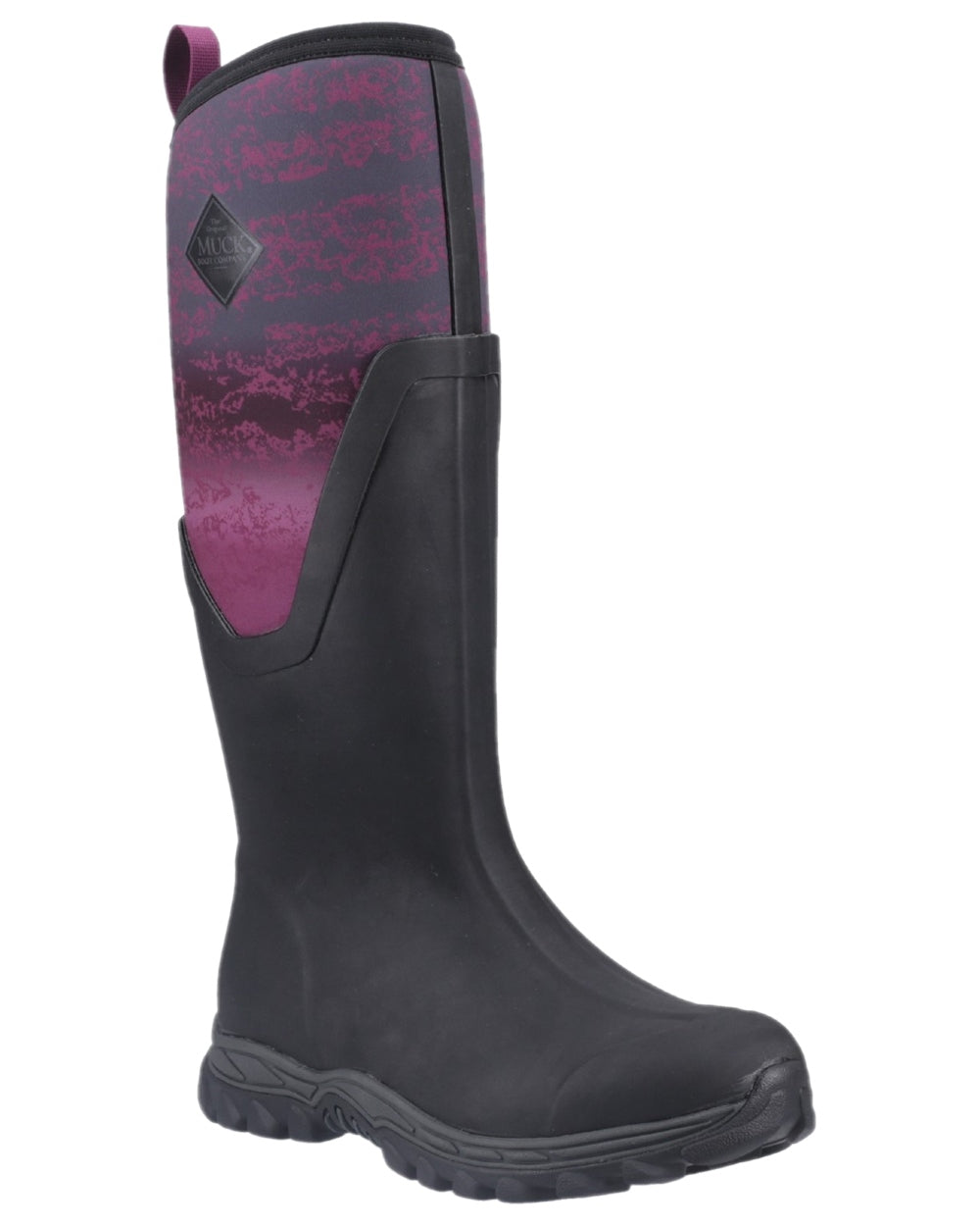 Magenta Digi Fade Print Coloured Muck Boots Womens Arctic Sport II Tall Wellingtons on white background 