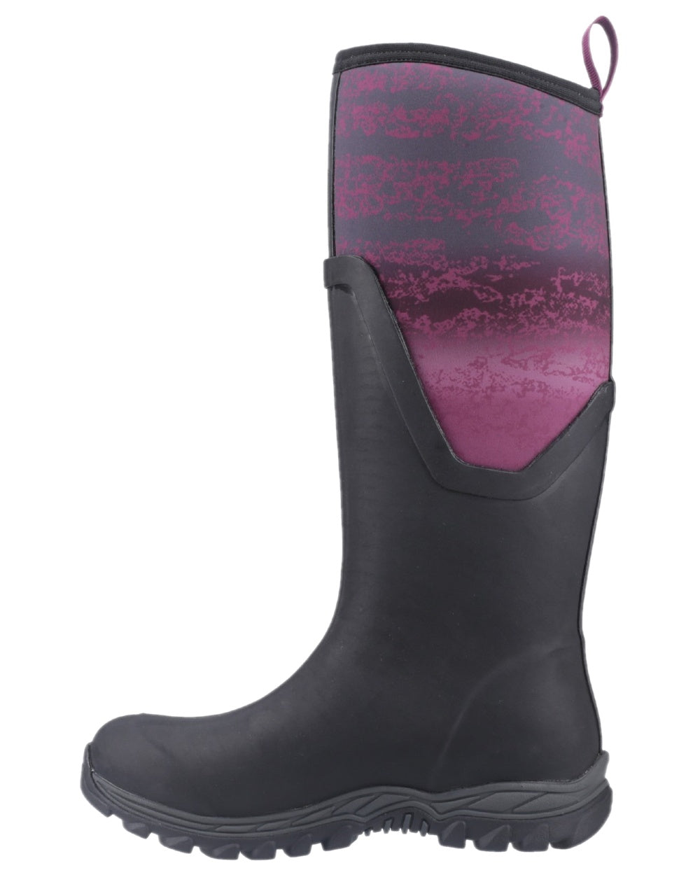 Magenta Digi Fade Print Coloured Muck Boots Womens Arctic Sport II Tall Wellingtons on white background 