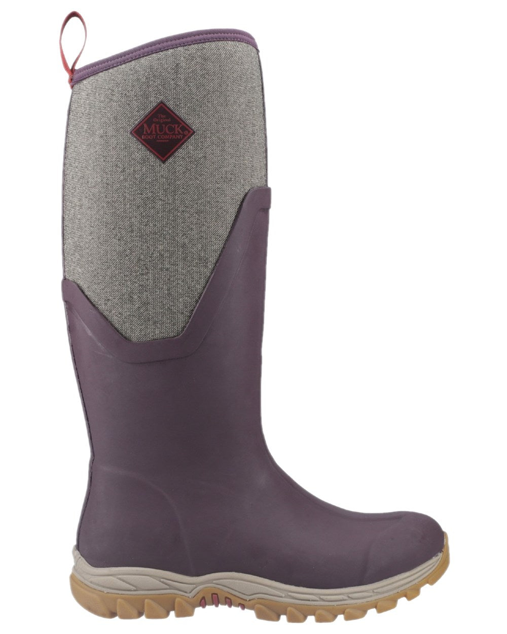 Wine Herringbone Print Coloured Muck Boots Womens Arctic Sport II Tall Wellingtons on white background 