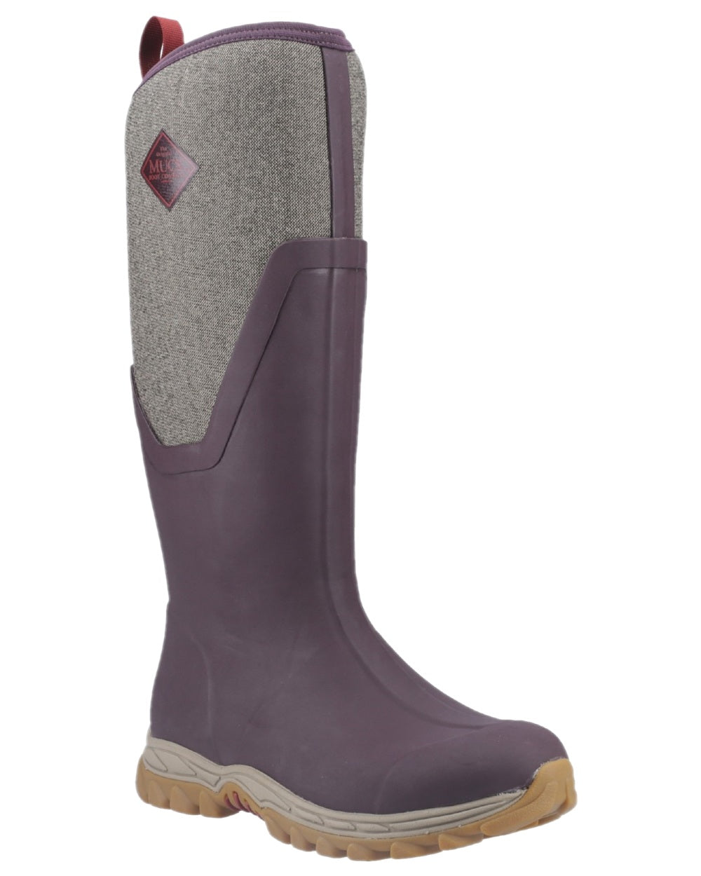 Wine Herringbone Print Coloured Muck Boots Womens Arctic Sport II Tall Wellingtons on white background 