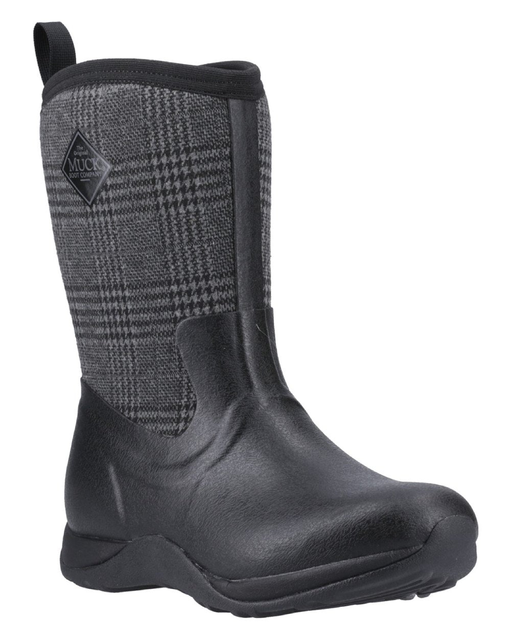 Black Plaid Coloured Muck Boots Womens Arctic Weekend Mid Wellingtons on white background 