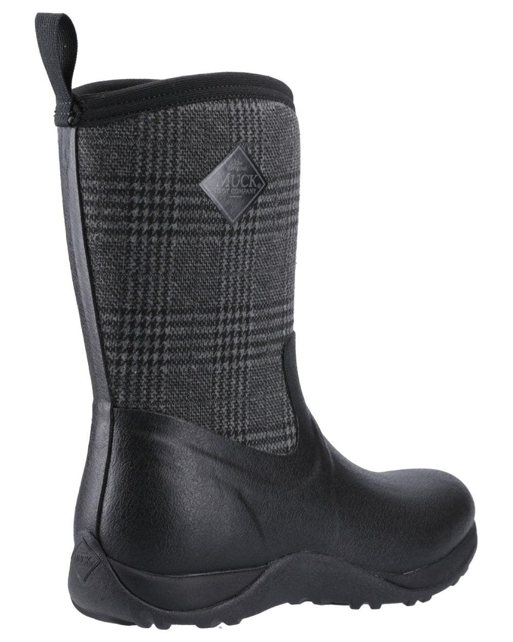 Black Plaid Coloured Muck Boots Womens Arctic Weekend Mid Wellingtons on white background 