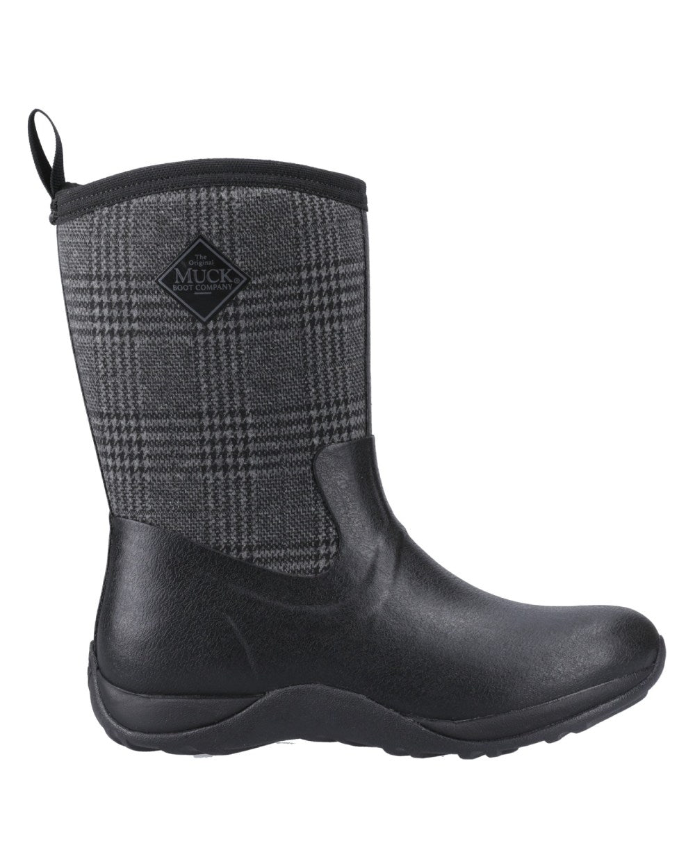 Black Plaid Coloured Muck Boots Womens Arctic Weekend Mid Wellingtons on white background 