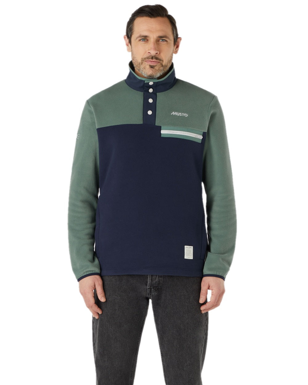 Navy Duck Green Coloured Musto 64 Fleece Pullover On A White Background 