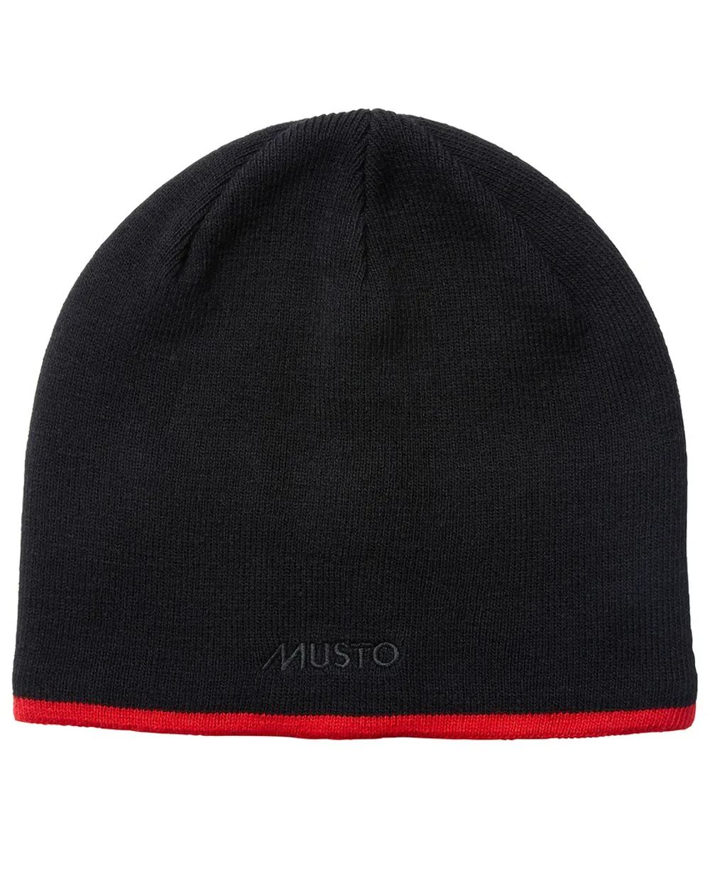 Black coloured Musto Knitted Beanie on white background 