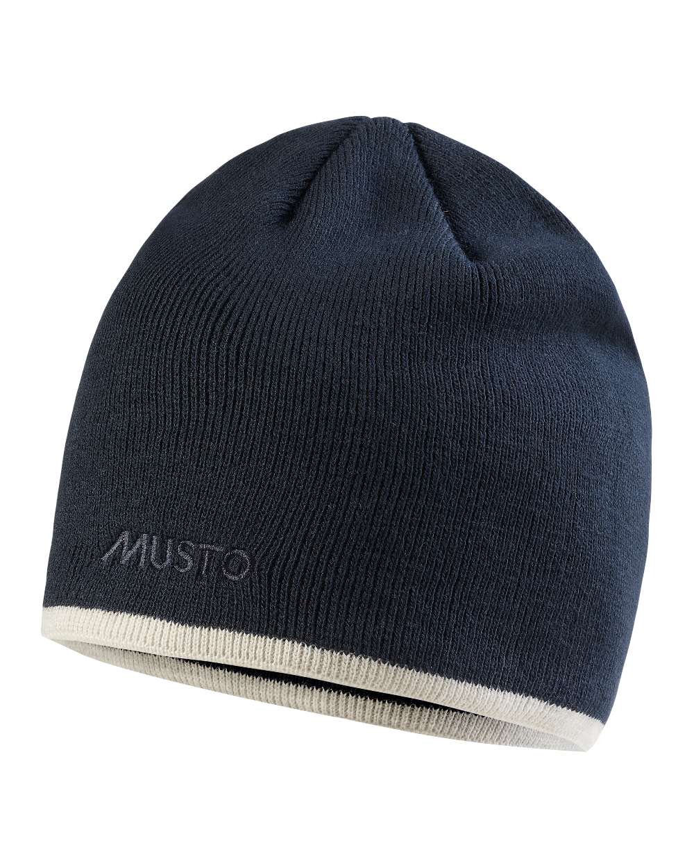 Navy coloured Musto Knitted Beanie on white background 