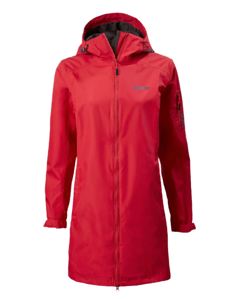 Red coloured Musto Ladies Sardinia Long Rain Jacket on white background 