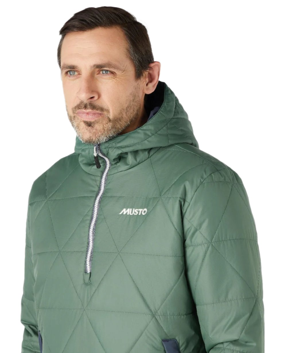 Duck Green Coloured Musto Mens 64 Snug Quilt Anorak on white background 