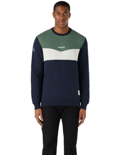 Navy Duck Green coloured Musto Mens 64 Tri Colour Sweatshirt On A White Background 