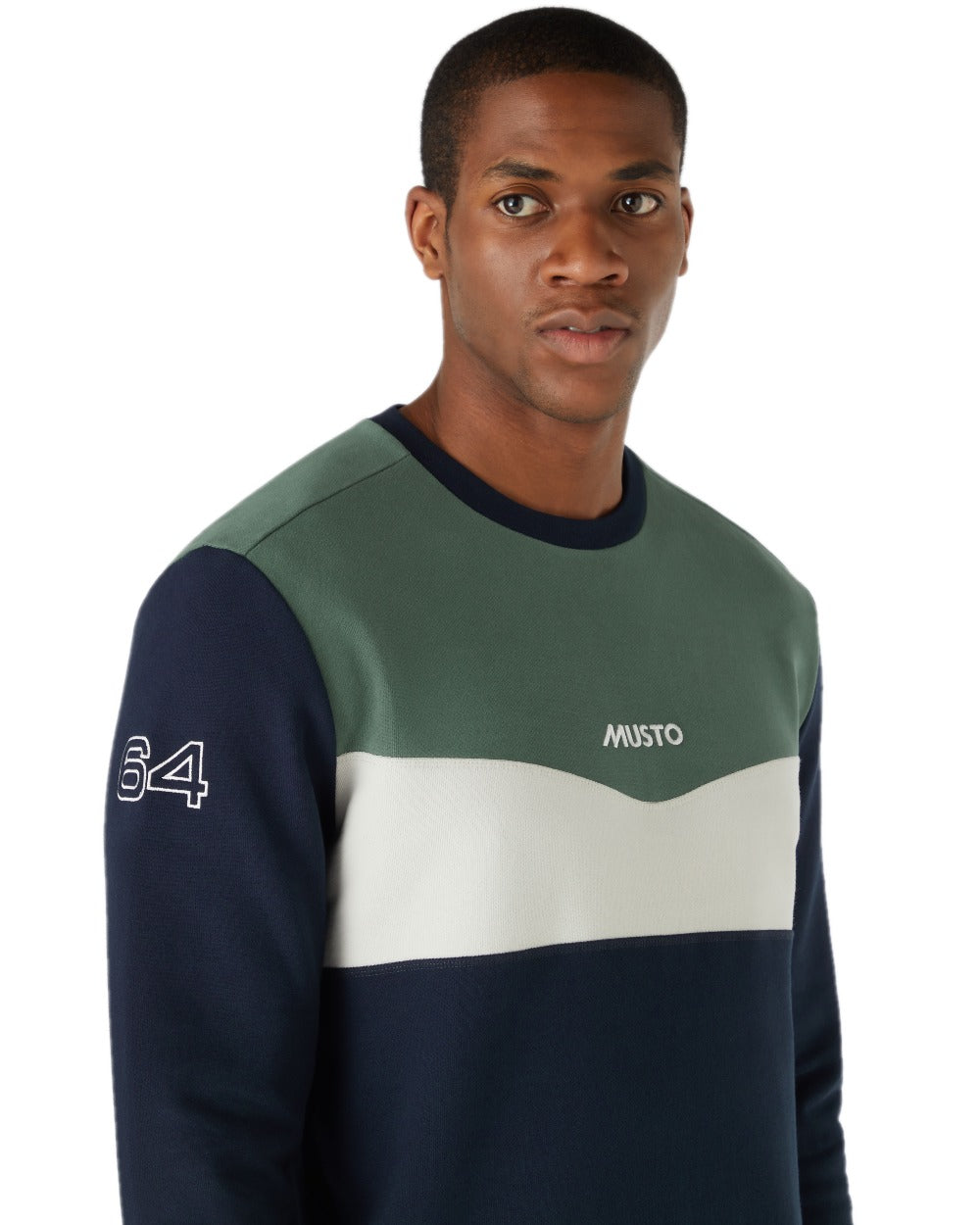 Navy Duck Green coloured Musto Mens 64 Tri Colour Sweatshirt On A White Background 