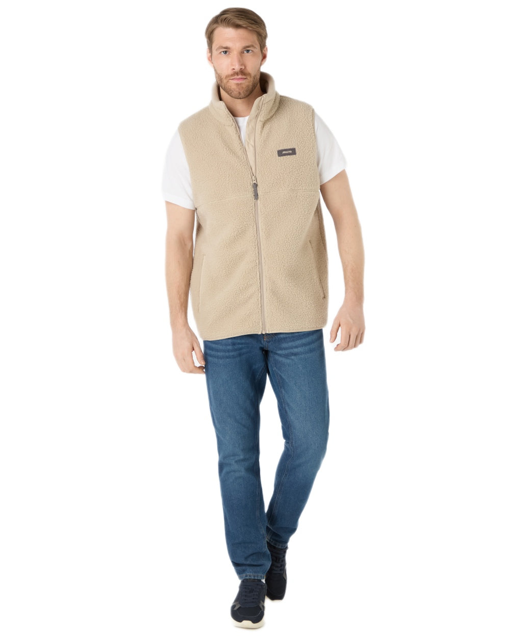 Pure Cashmere coloured Musto Mens Cover Deep Pile Fleece Vest on white background 