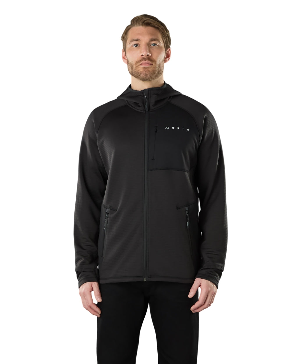 Black Coloured Musto Mens Evo Thermal Hooded Technical Fleece Jacket on white background 