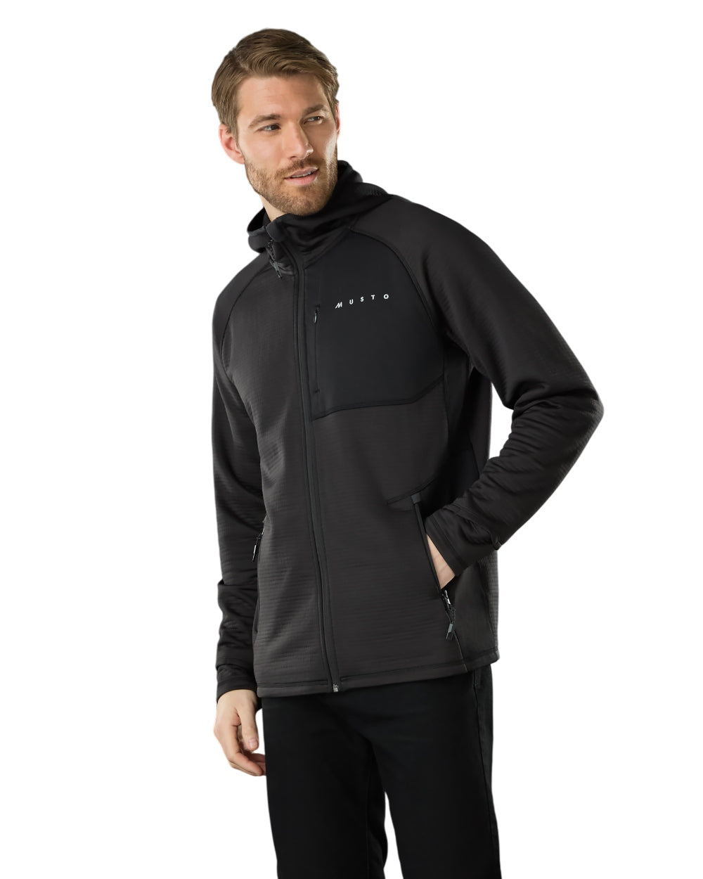 Black Coloured Musto Mens Evo Thermal Hooded Technical Fleece Jacket on white background 